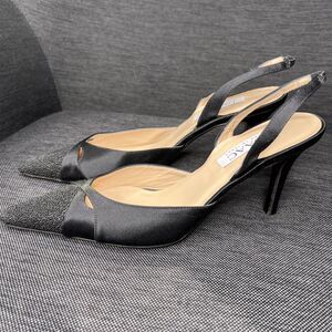 ISAAC Made in Italy Black Satin Beaded Slingback Heels Women’s Size 8.5 B READ